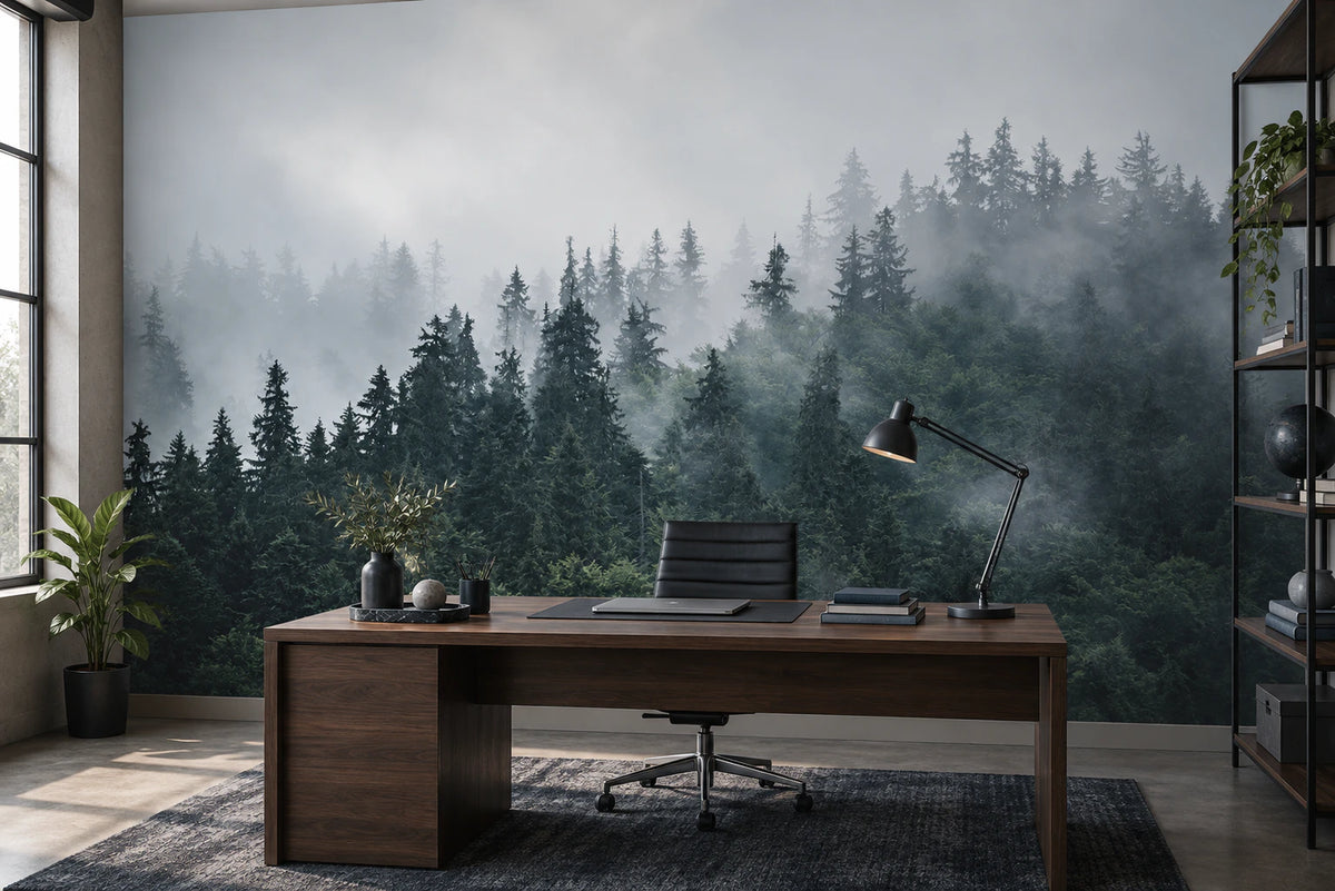 Papier peint panoramique forêt de sapin sous la brume - Bureau
