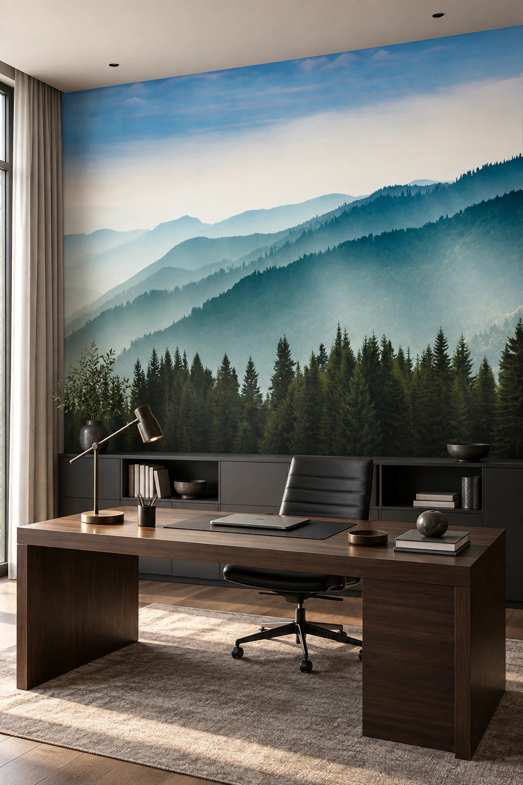 Papier peint panoramique montagne sous la brume - Bureau