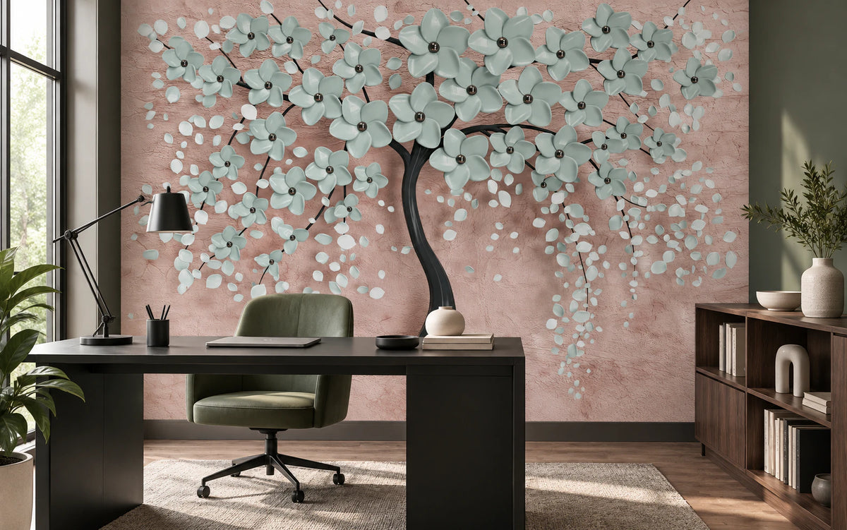 Papier peint panoramique arbre en fleur 3D - Bureau