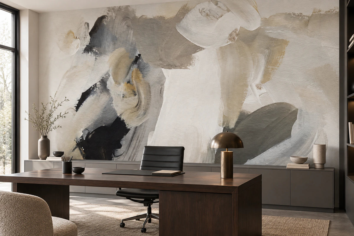 Papier peint panoramique peinture abstraite beige - Bureau