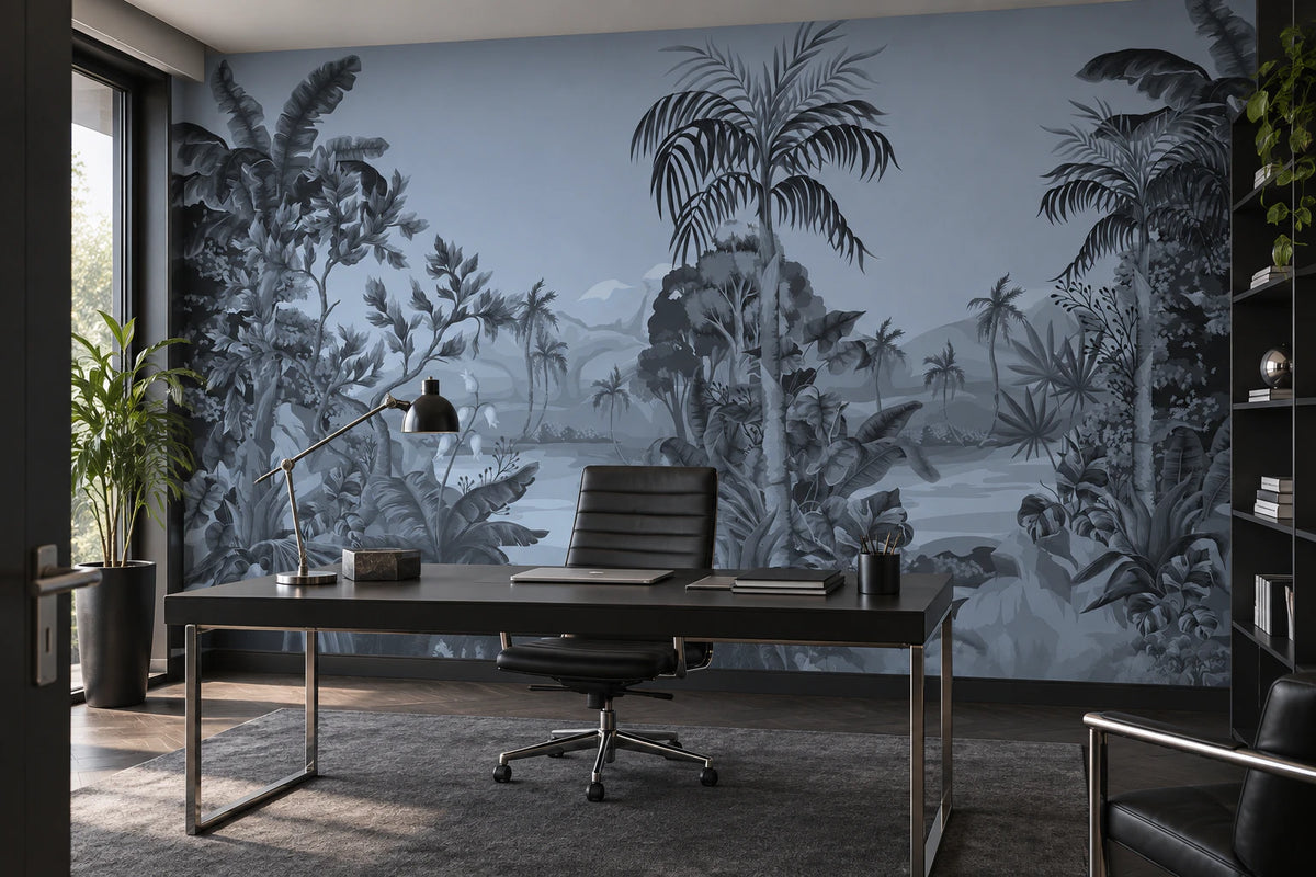 Papier peint panoramique forêt tropicale bleue - Bureau