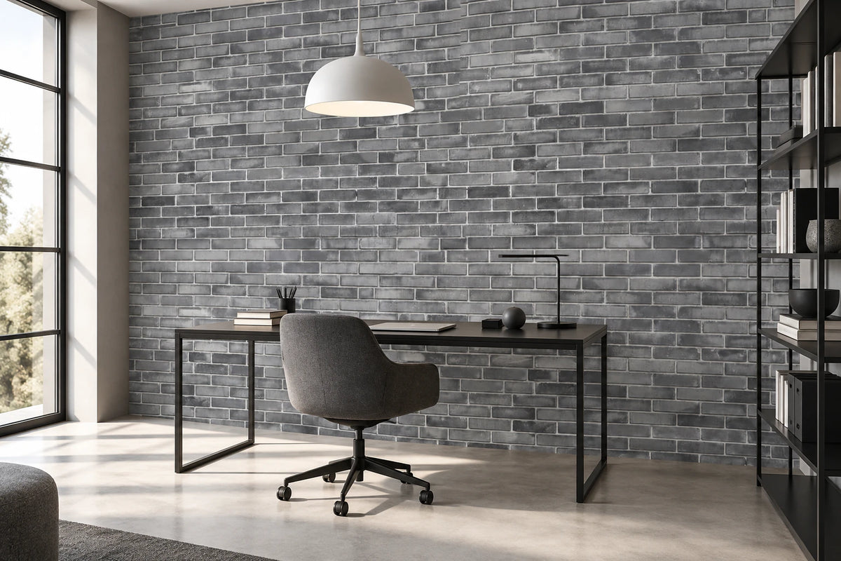 Papier peint panoramique trompe l’œil mur de briques grises - Bureau