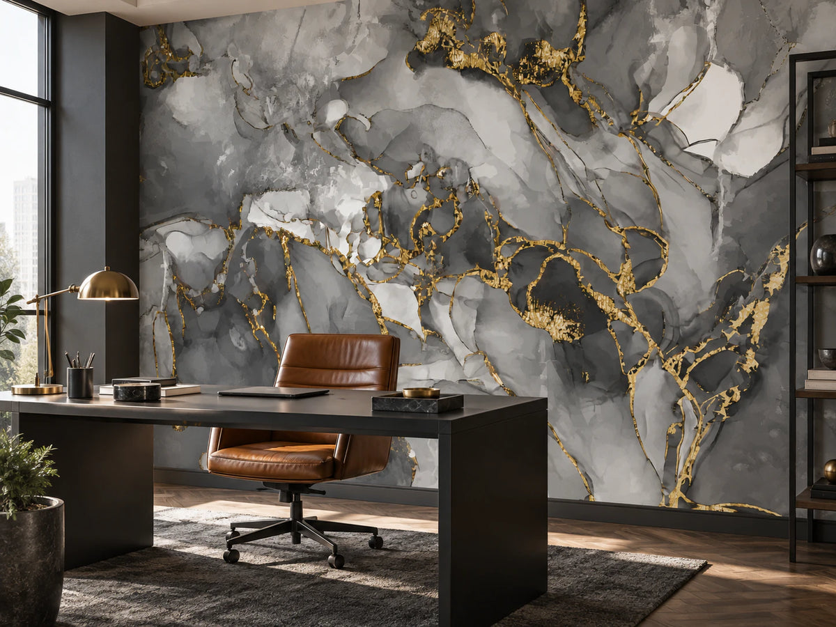 Papier peint peinture marbre gris et doré - Bureau