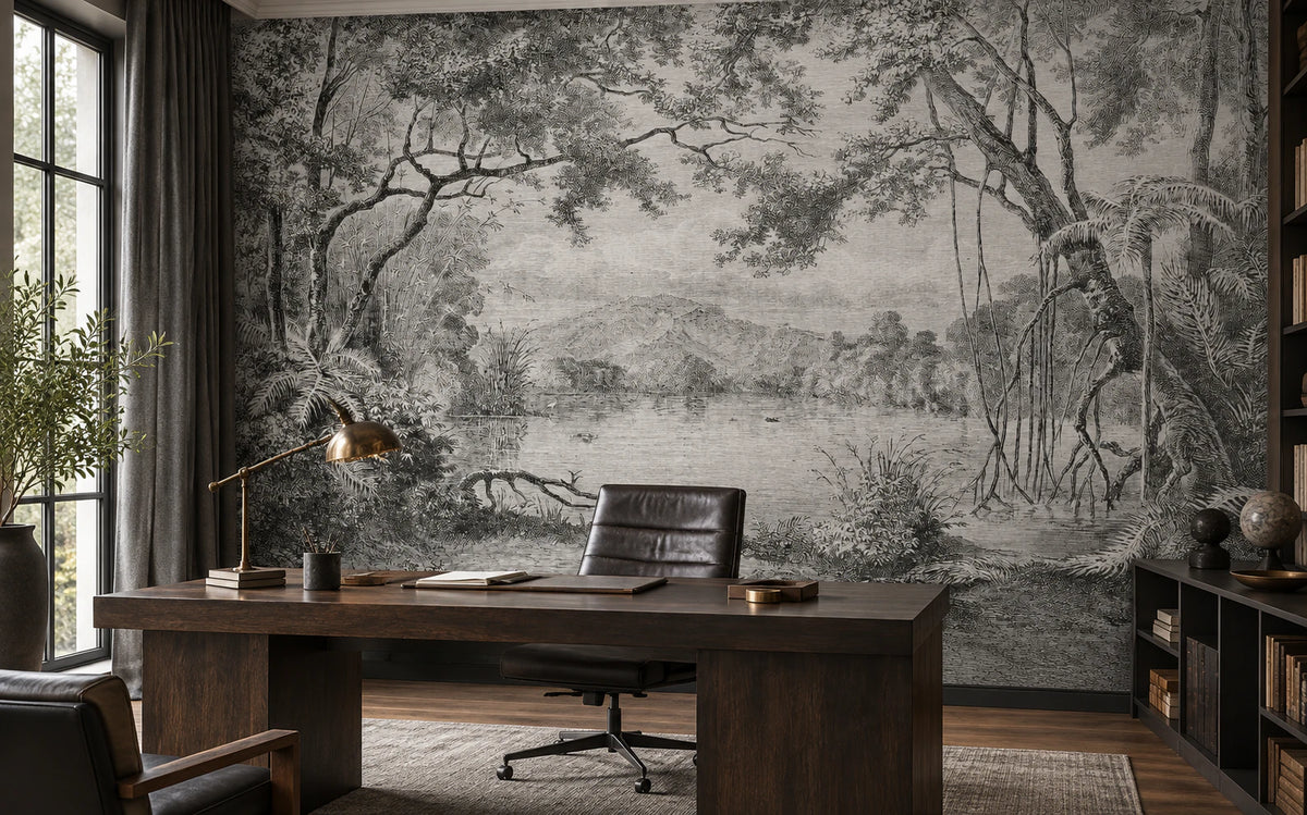 Papier peint forêt noir et blanc - Bureau