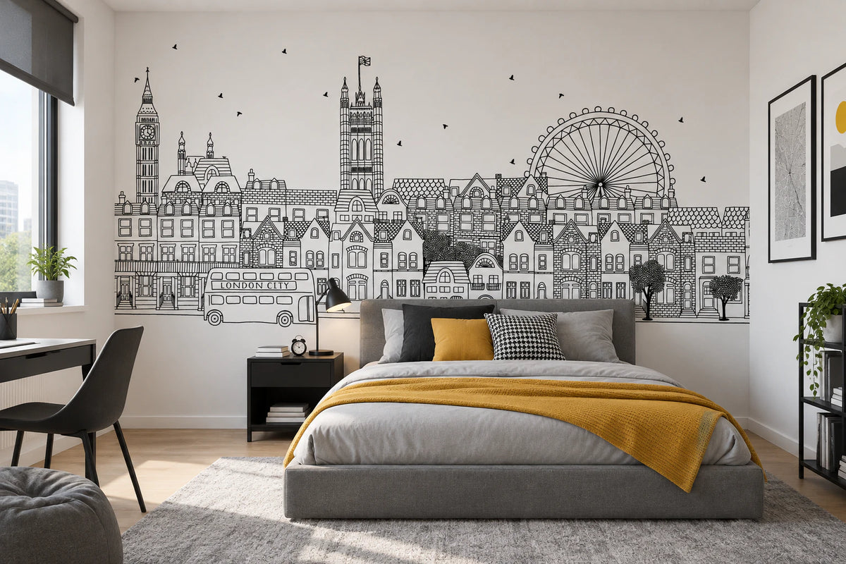 Papier peint ville de Londres noir et blanc - Chambre Ado