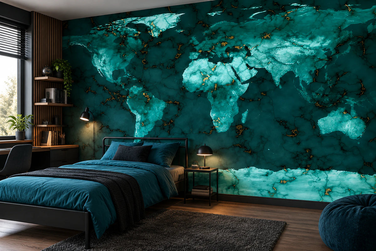 Papier peint carte du monde effet marbre vert - Chambre Ado