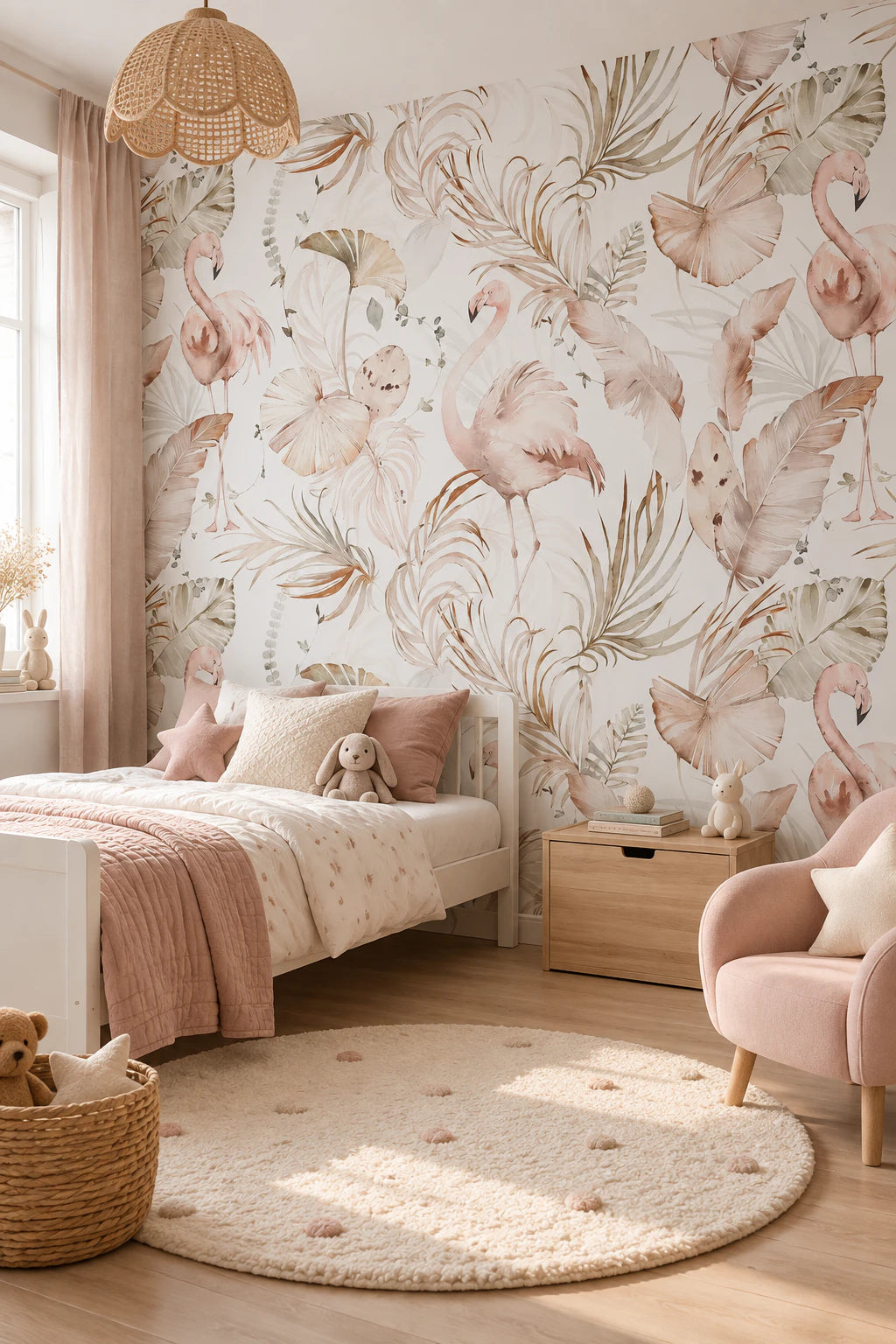 Papier peint sur mesure flamant rose et végétation - Chambre Enfant
