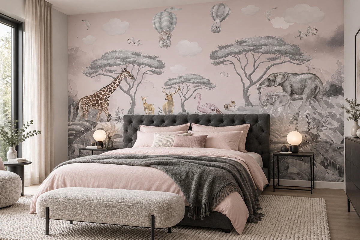 Papier peint girafe, éléphant dans la savane - Chambre Parentale