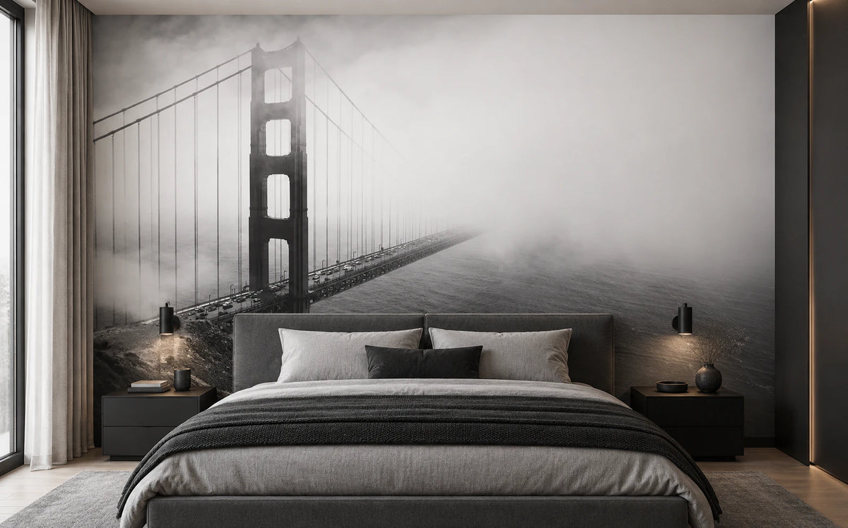 Papier peint panoramique photo du Golden Gate noir et blanc - Chambre Parentale