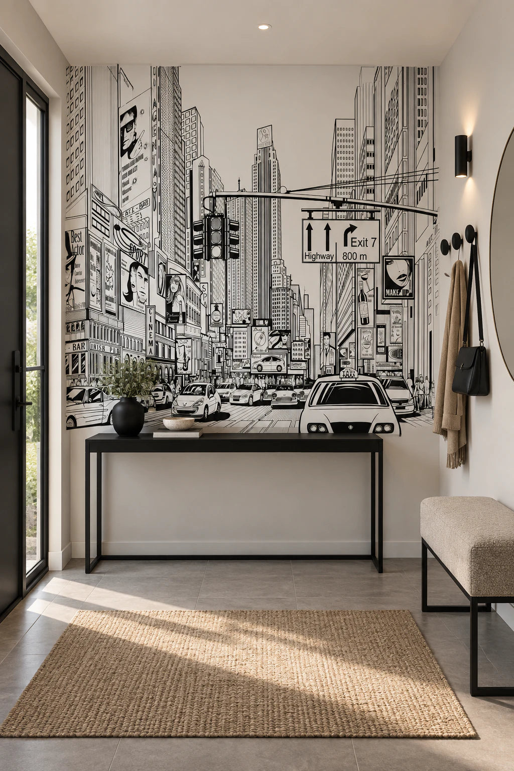 Papier peint panoramique illustration times square en noir et blanc - Couloir, Entrée