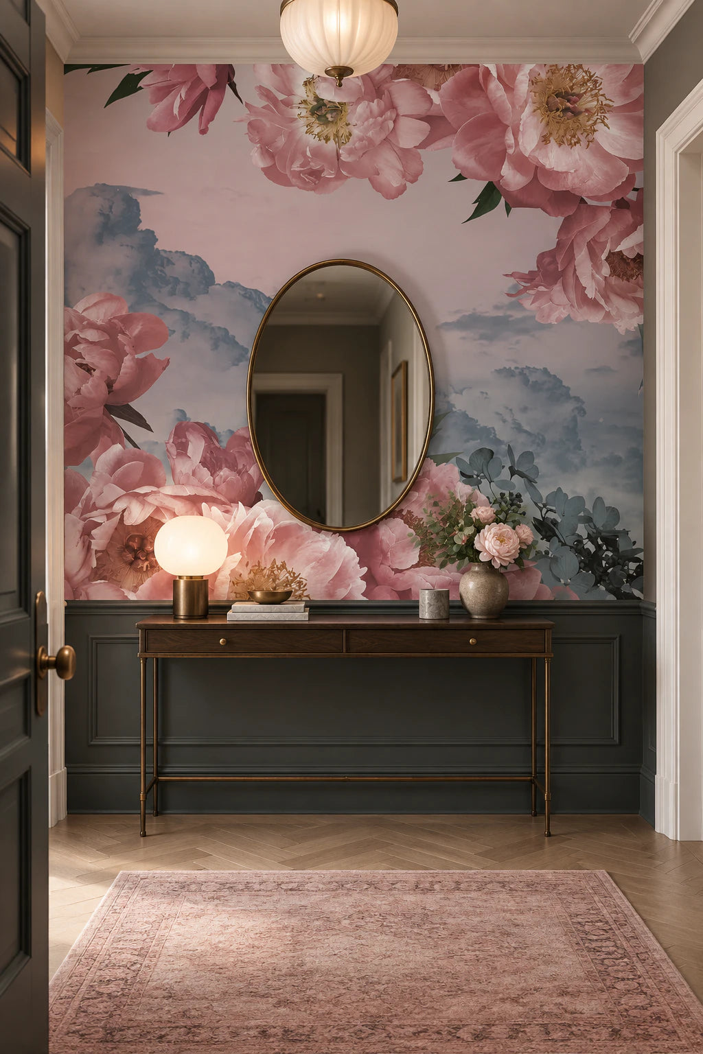 Papier peint panoramique fleurs roses - Couloir, Entrée