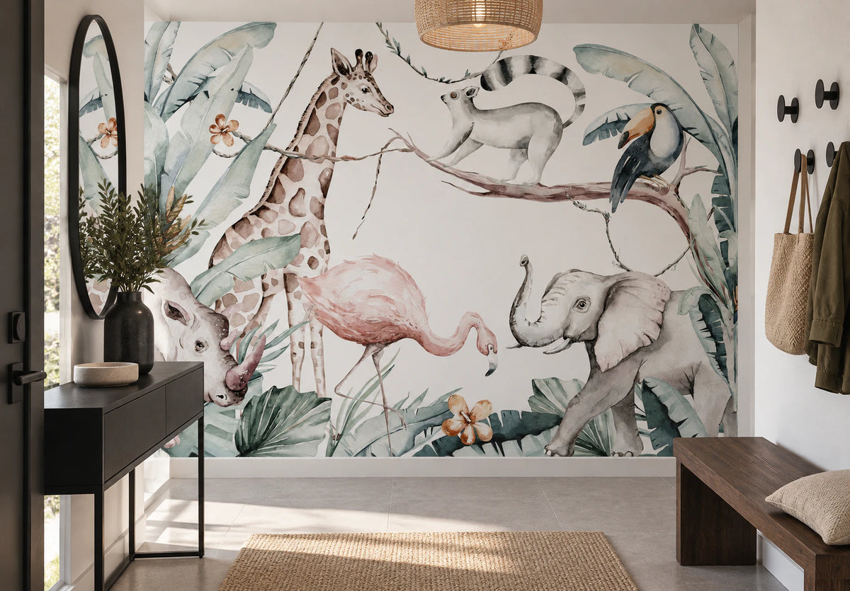 Papier peint chambre enfant, girafe, éléphant & Flamant rose - Couloir, Entrée