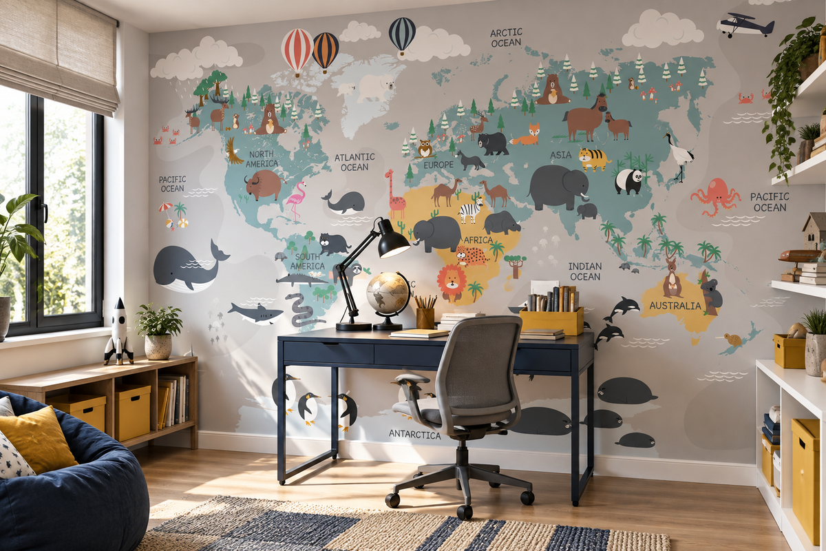 Papier peint carte du monde enfant Atlas Vagabond dans un bureau lumineux