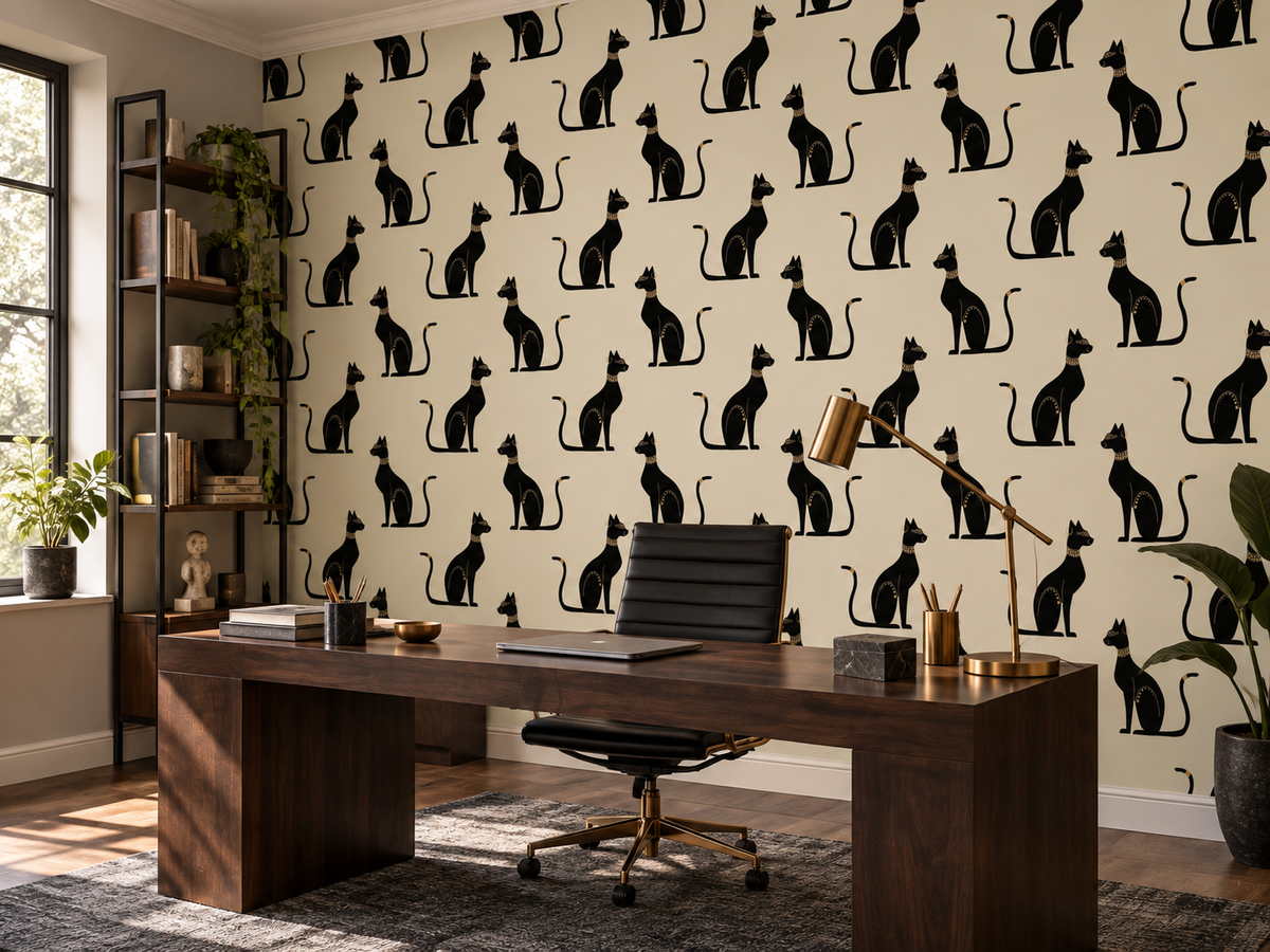 Motif répétitif Bastets d’Obsidienne dans un bureau créatif aux accents laiton