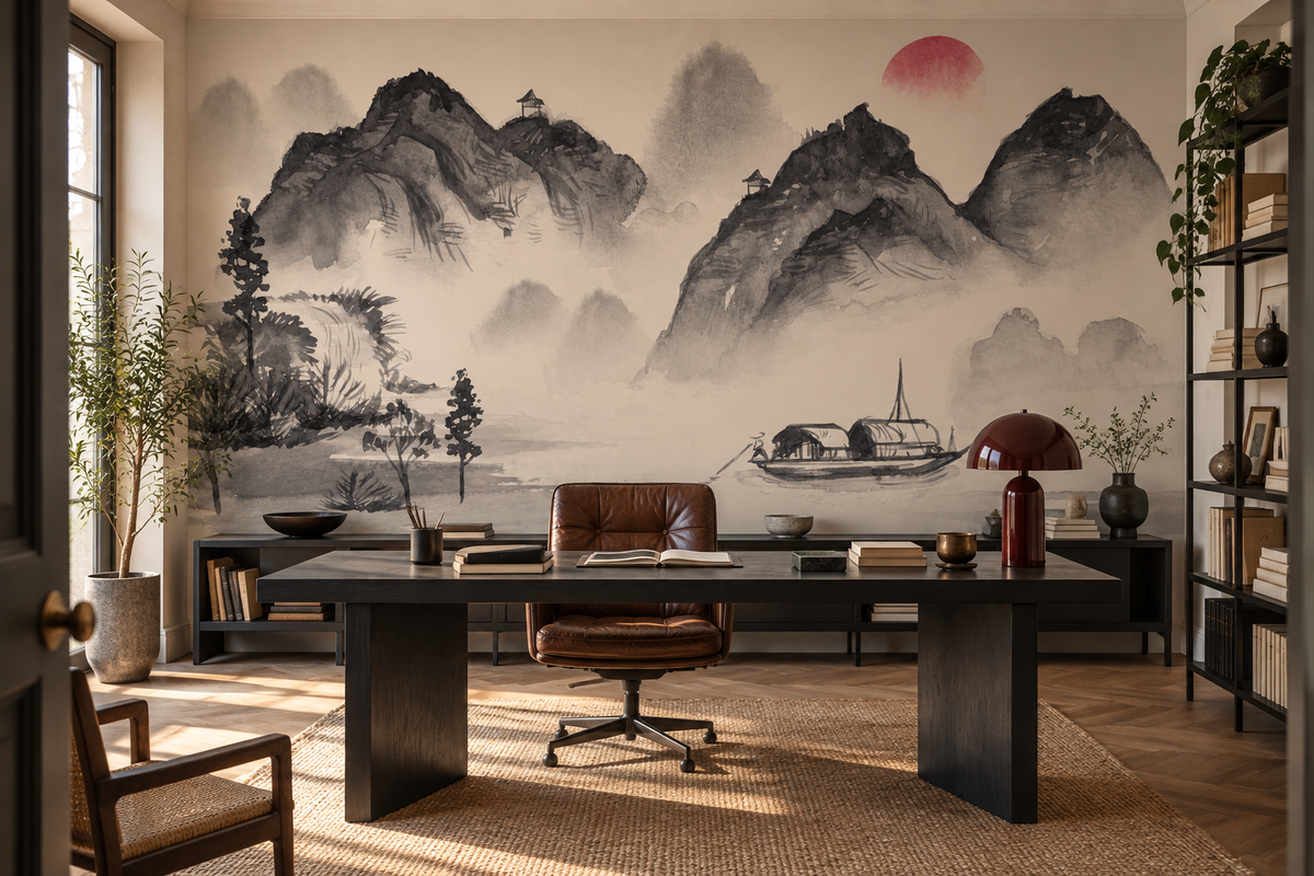 Décor mural au lavis asiatique Brume des Cimes dans un bureau élégant