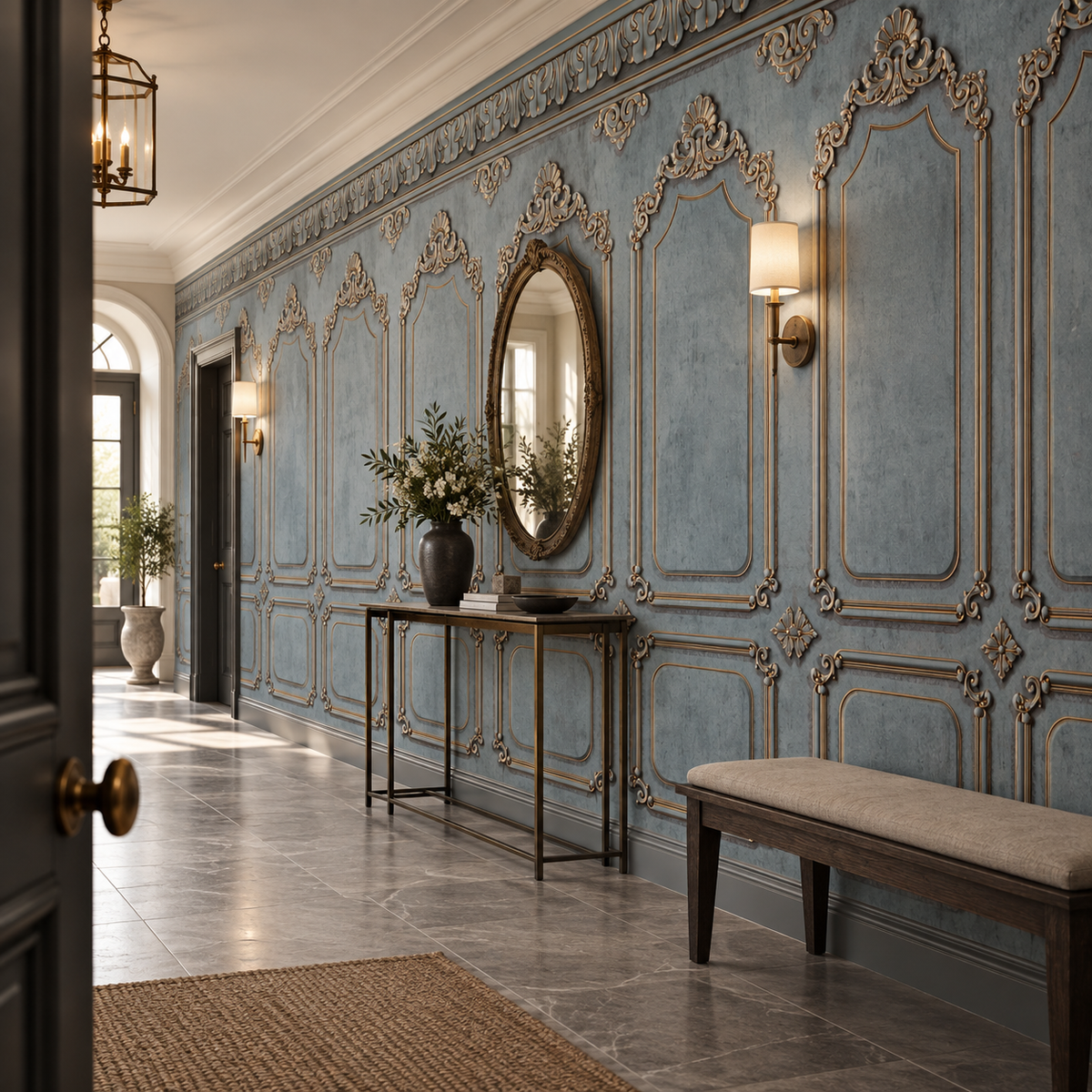 Décor mural de moulures bleu-gris Cadres Impériaux dans une entrée de caractère