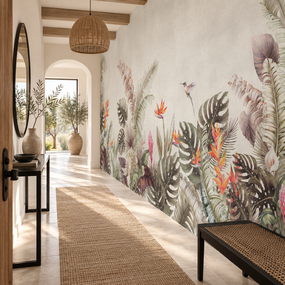 Papier peint feuillage tropical Canopée d’Ivoire dans une entrée lumineuse avec console
