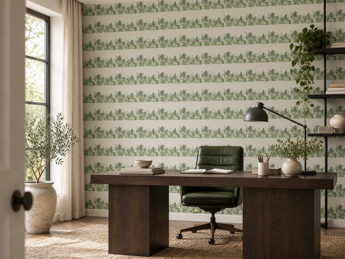 Papier peint vert et beige Canopée Sereine dans un bureau lumineux