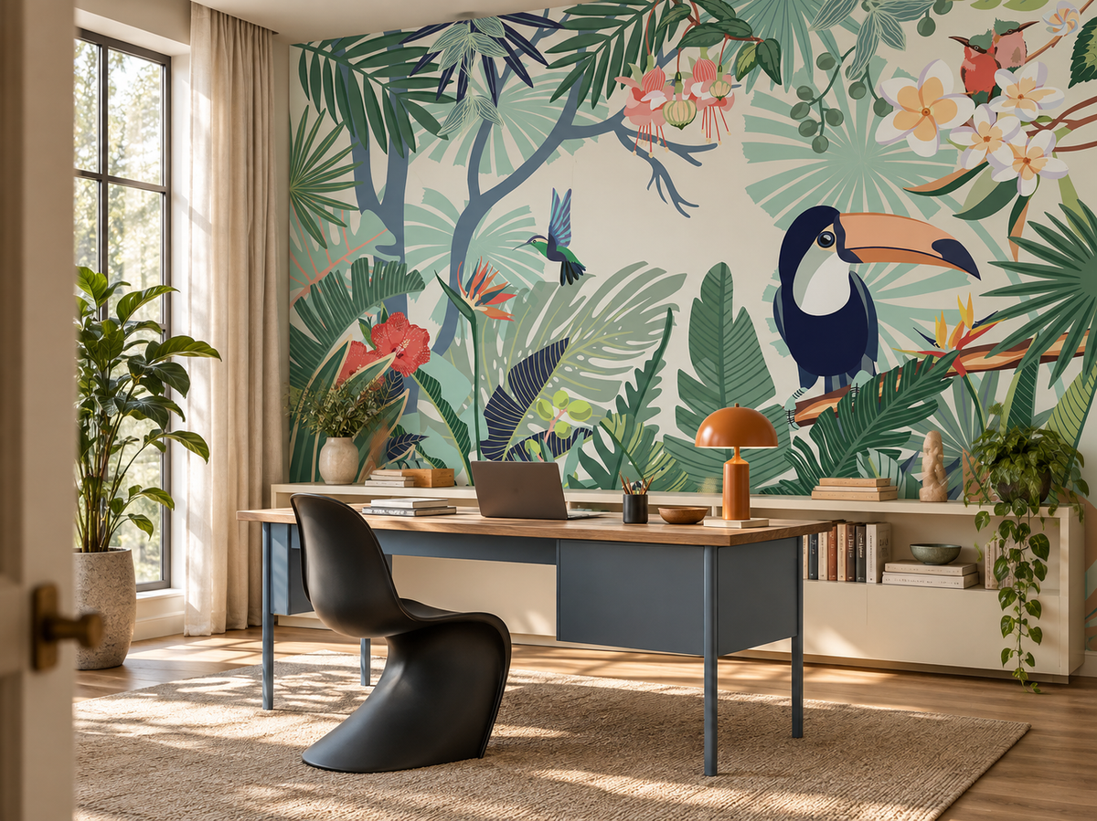Papier peint panoramique Canopée Toucan dans un bureau créatif avec mobilier sombre