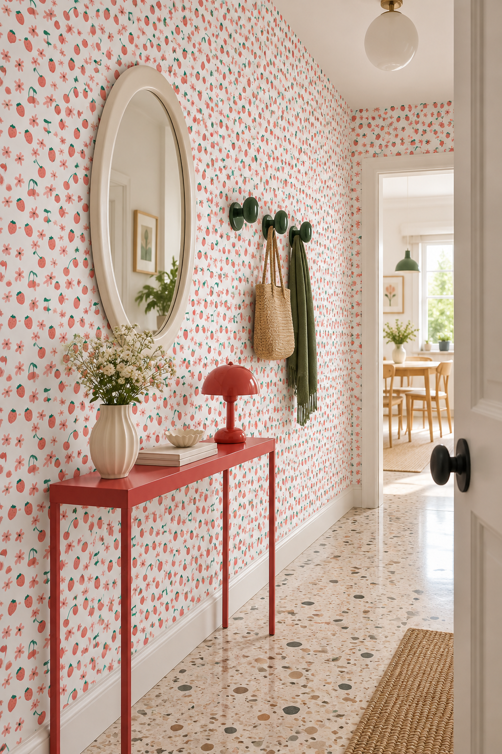 Papier peint à motif Cerise des Prés dans une entrée colorée et accueillante