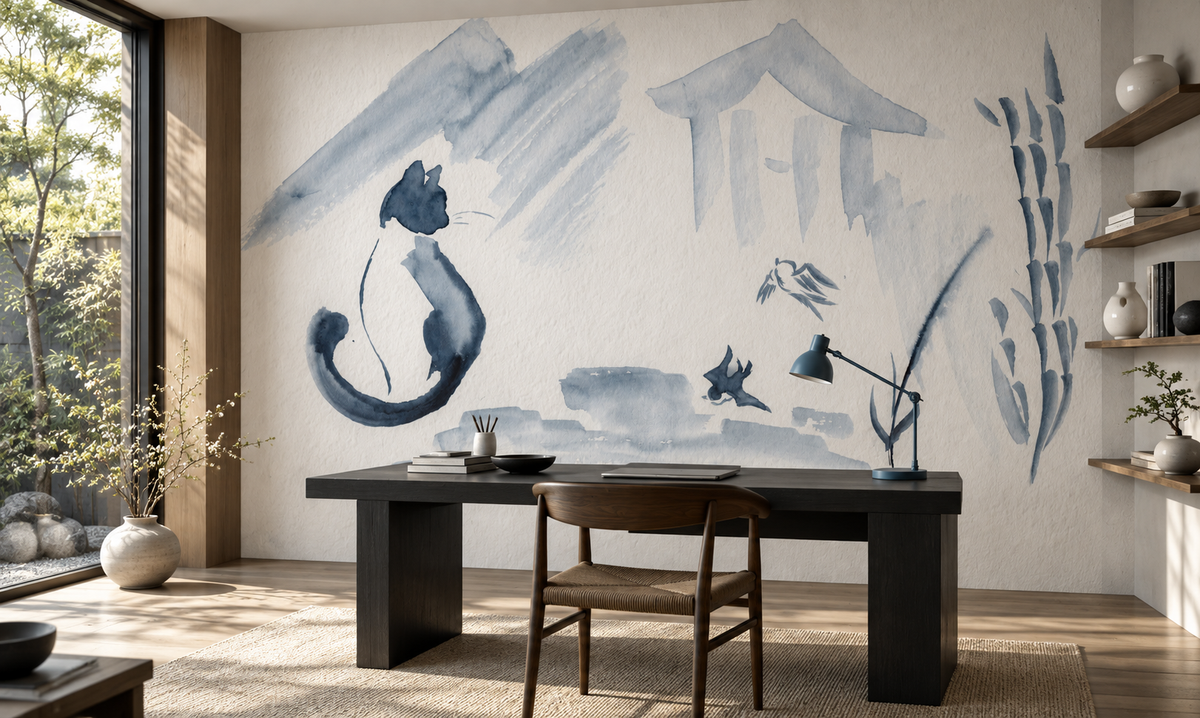 Décor mural de chats à l’encre dans un bureau contemporain
