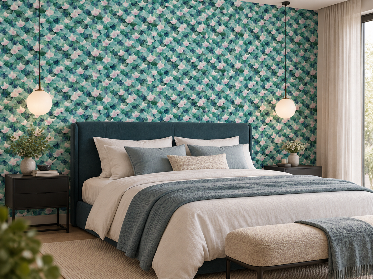 Papier peint à motif Écailles Opaline derrière un lit dans une chambre parentale apaisante