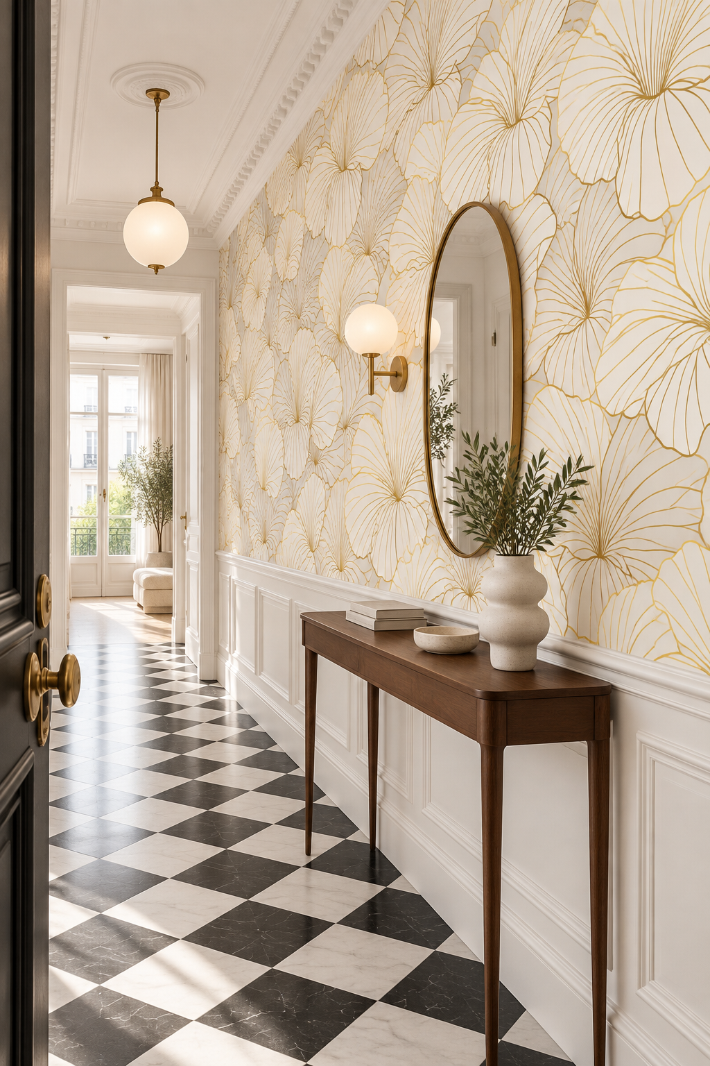 Décor végétal Éventail Doré dans une entrée élégante avec console
