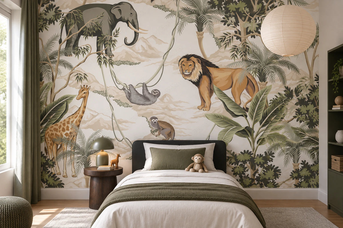 Papier peint panoramique Lion girafe et éléphant - Tête de Lit