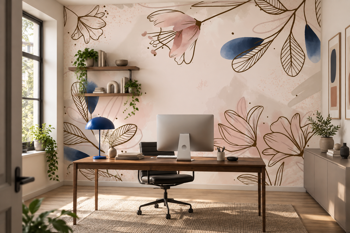 Papier peint Floraison Poudrée dans un bureau créatif avec mobilier noyer foncé