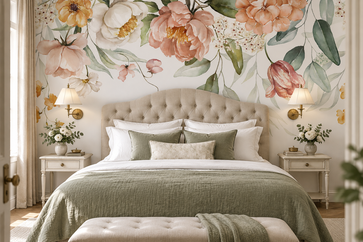 Papier peint floral blanc, beige et vert Guirlande Poudrée dans un salon contemporain