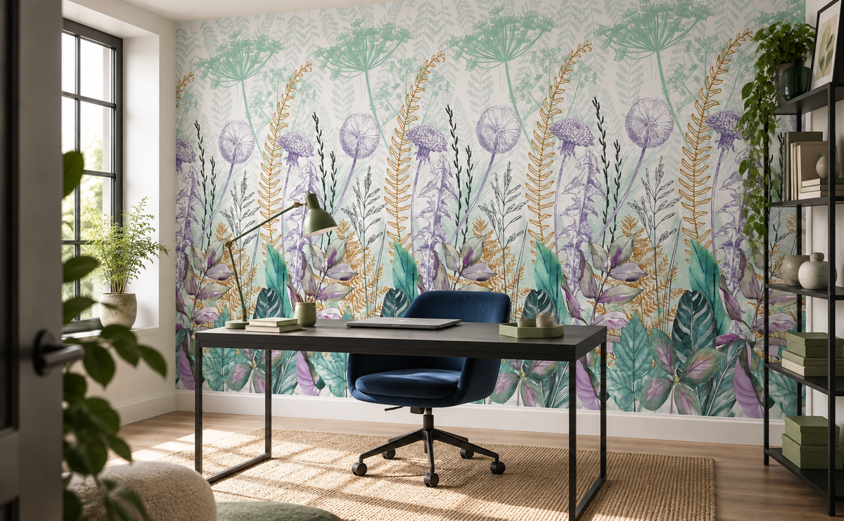 Papier peint à ombelles et feuillages Herbier Opalin dans un intérieur {interior_style}