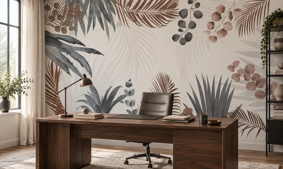 Papier peint panoramique Herbier Sépia dans un bureau élégant au mobilier en noyer