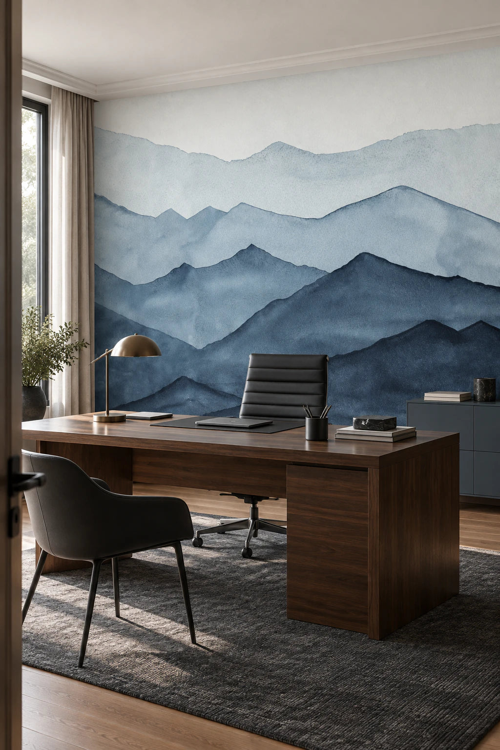 Fresque murale Horizons Brumeux dans un bureau design aux matières sombres