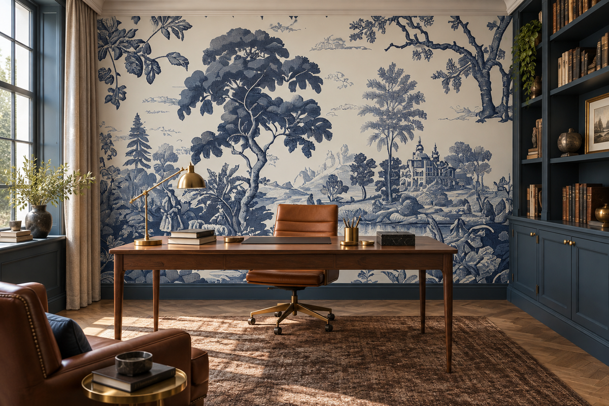 Décor mural toile de Jouy Jardin d’Indigo dans un bureau classique contemporain