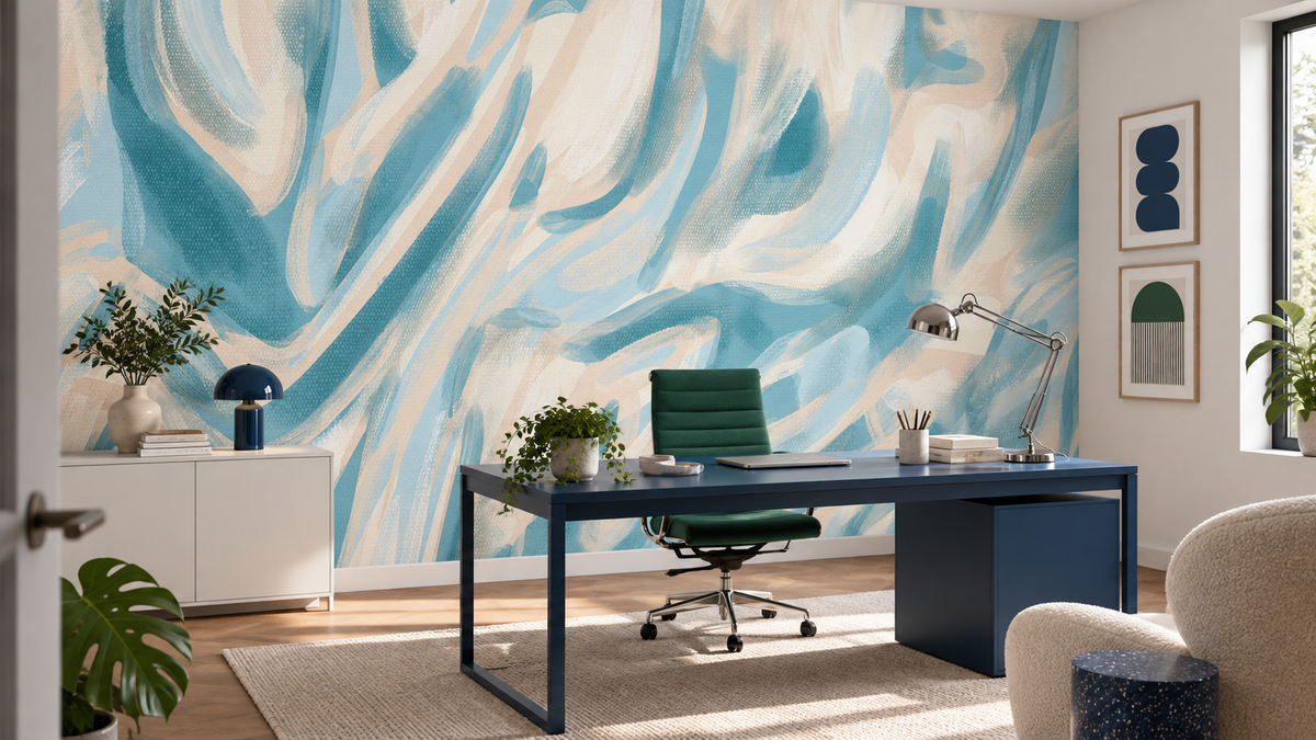 Décor mural bleu et vert Marées Graphiques dans un bureau créatif contemporain