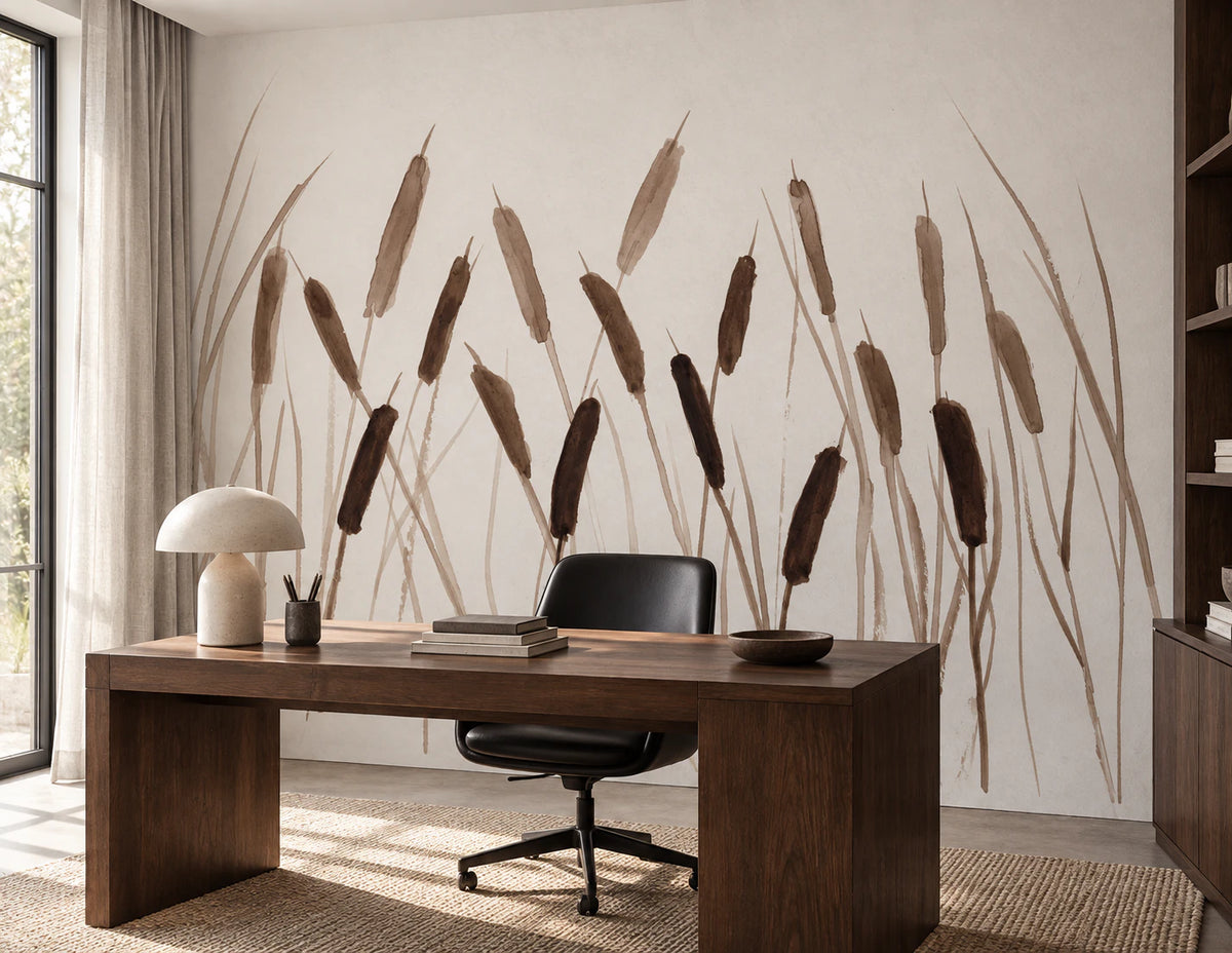 Papier peint panoramique Massettes Sépia sur le mur d’un bureau aux lignes minimalistes