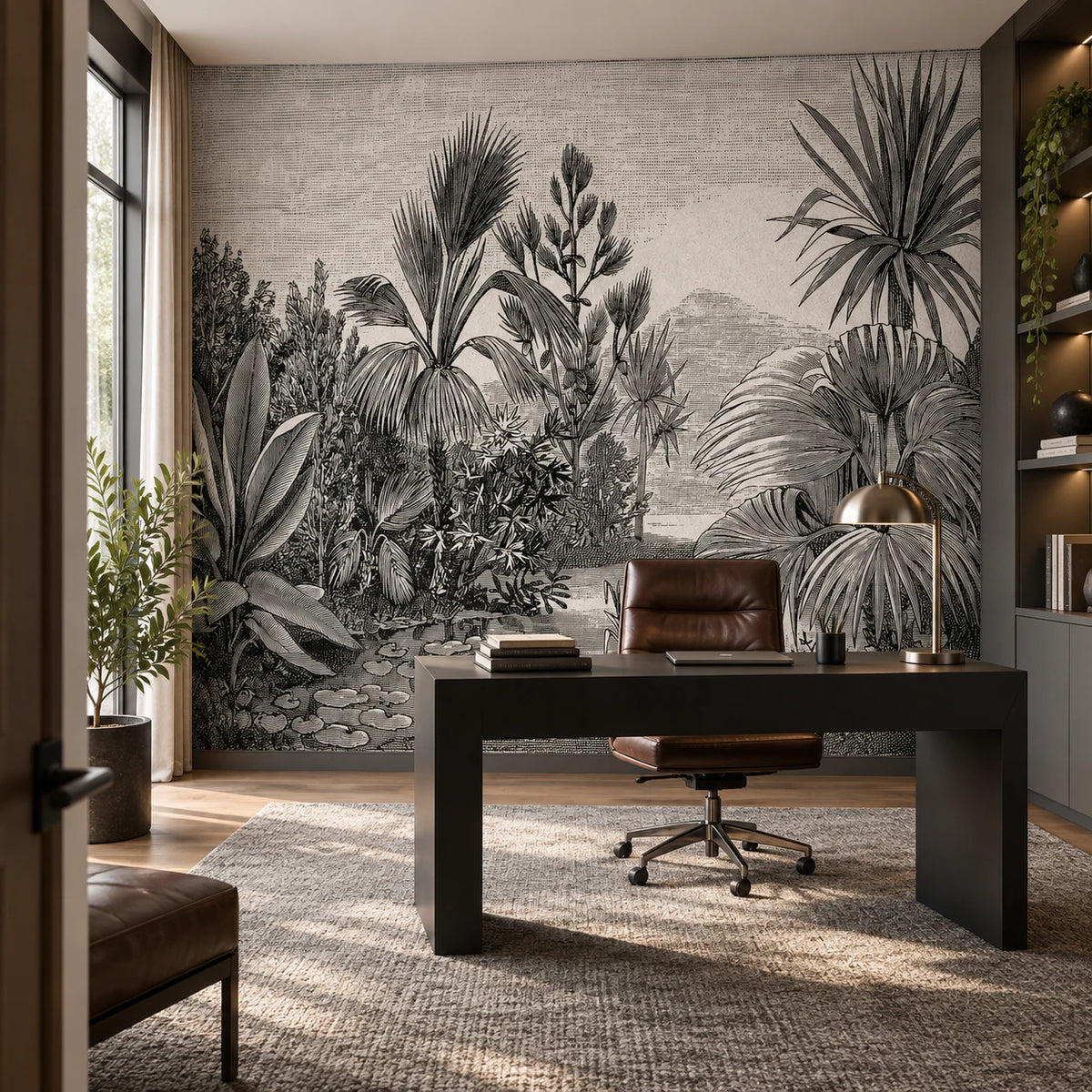 Papier peint panoramique dessin paysage tropical noir et blanc - Bureau