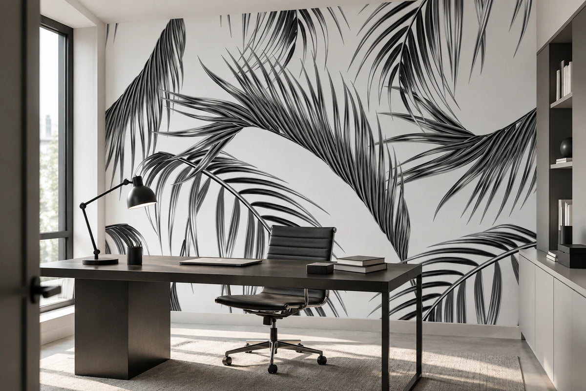 Papier peint panoramique feuille de palmier noir et blanc - Bureau