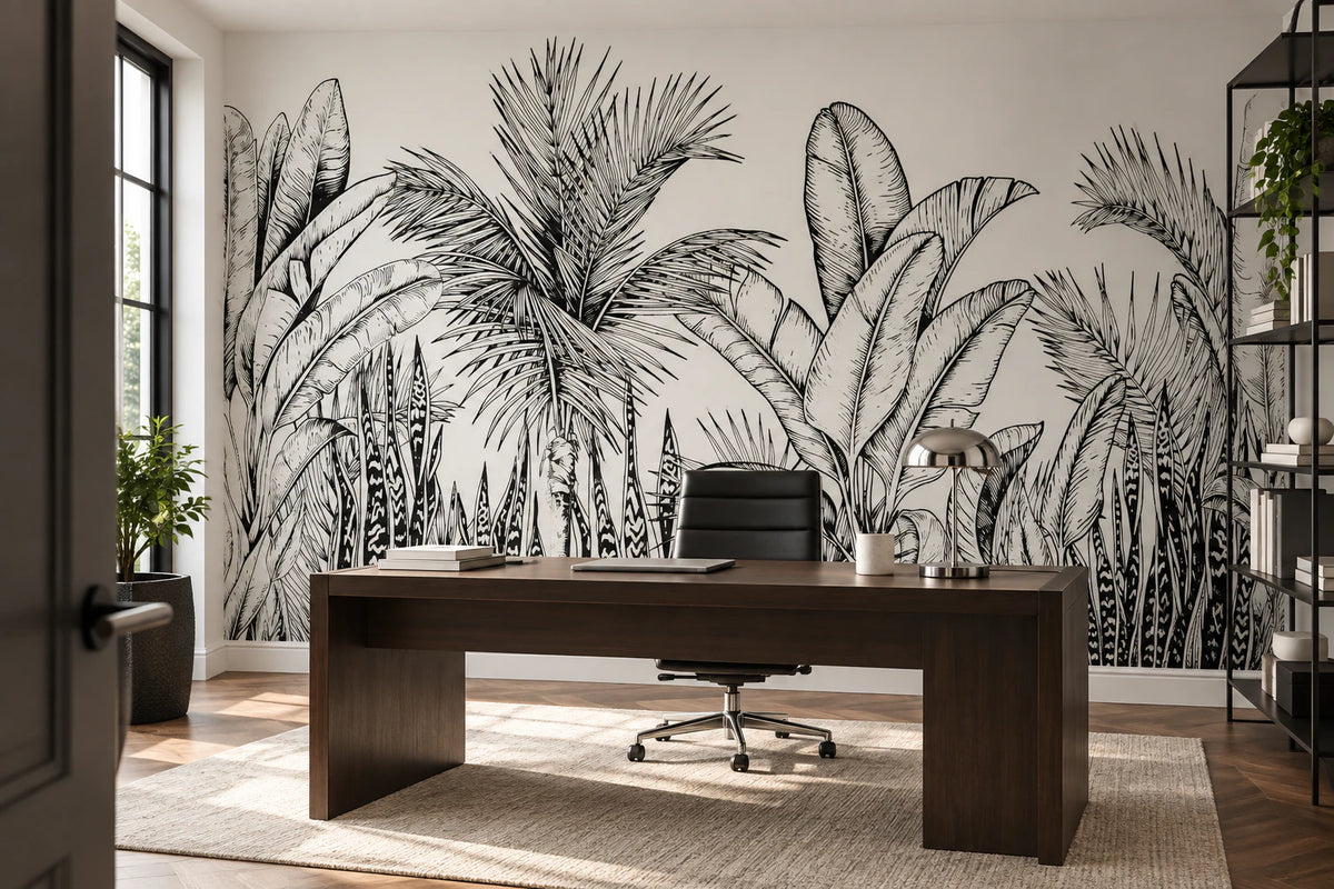 Papier peint panoramique forêt tropicale noir et blanc - Bureau