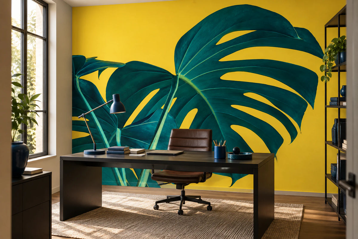 Papier peint panoramique grande feuille de monstera fond jaune - Bureau
