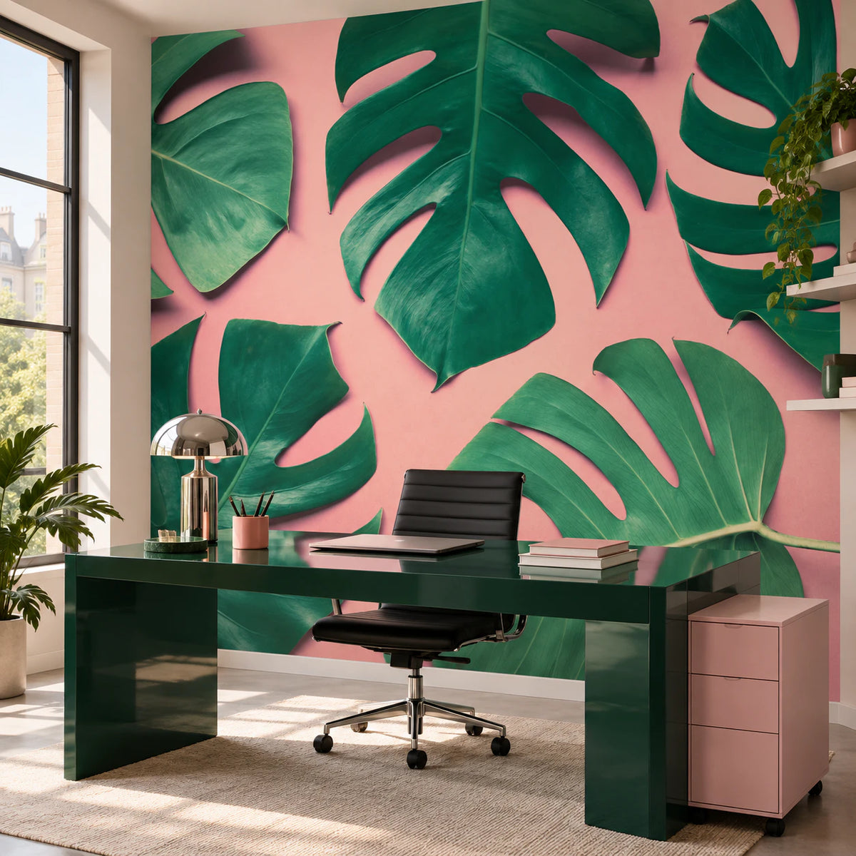 Papier peint panoramique grande feuille de monstera fond rose - Bureau