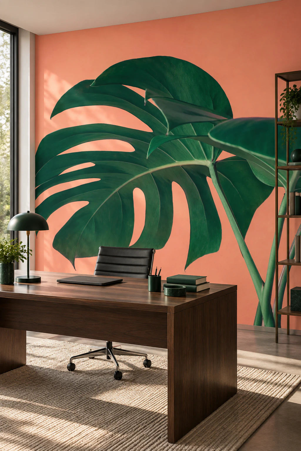 Papier peint panoramique grande feuille de monstera fond orange - Bureau