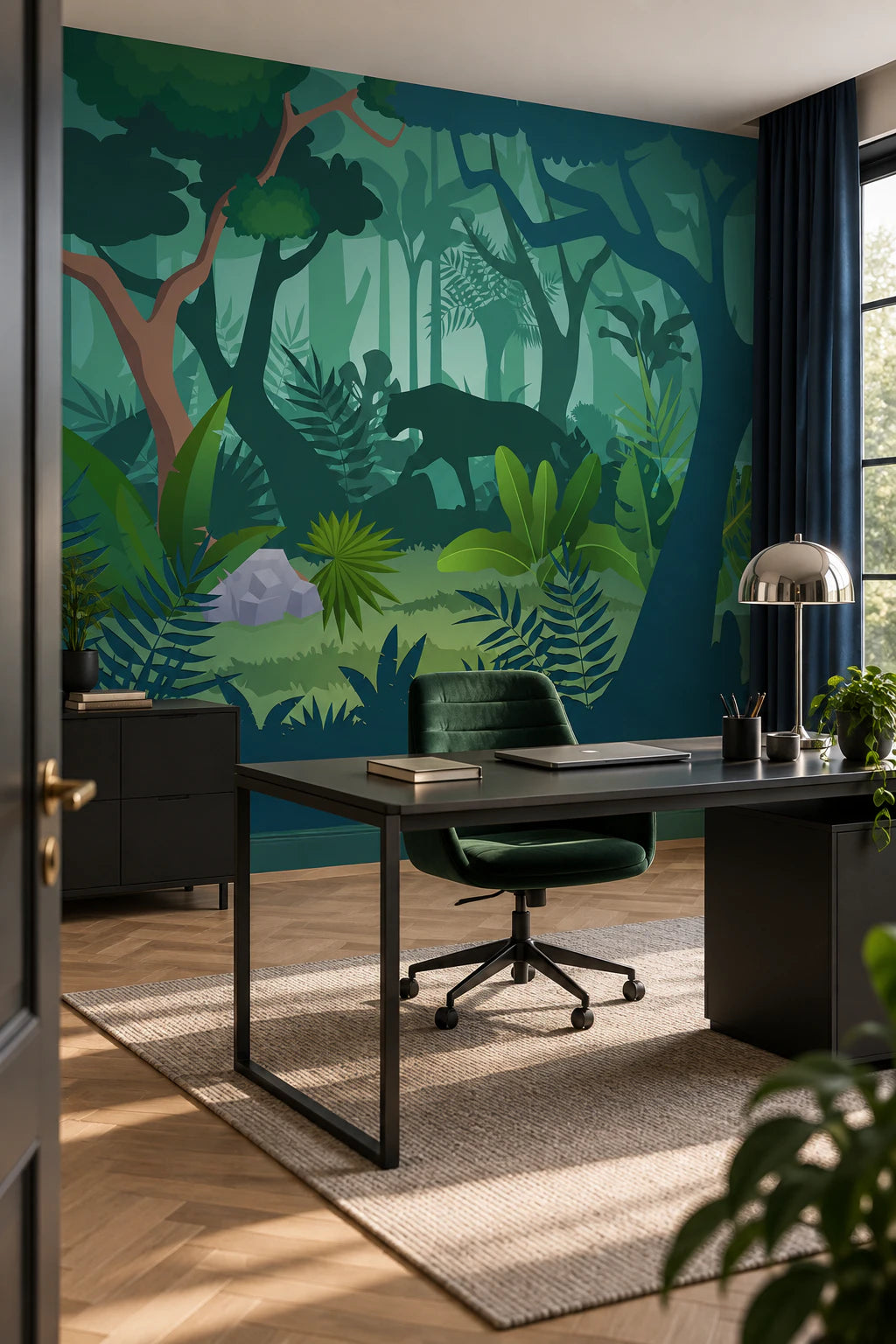 Papier peint panoramique panthère dans la forêt tropicale - Bureau