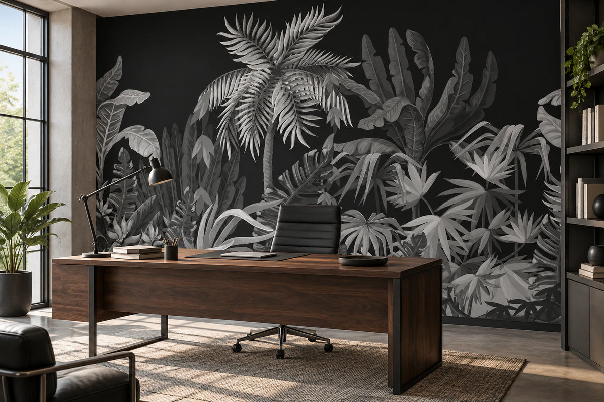 Papier peint panoramique jungle luxuriante noir et blanc - Bureau