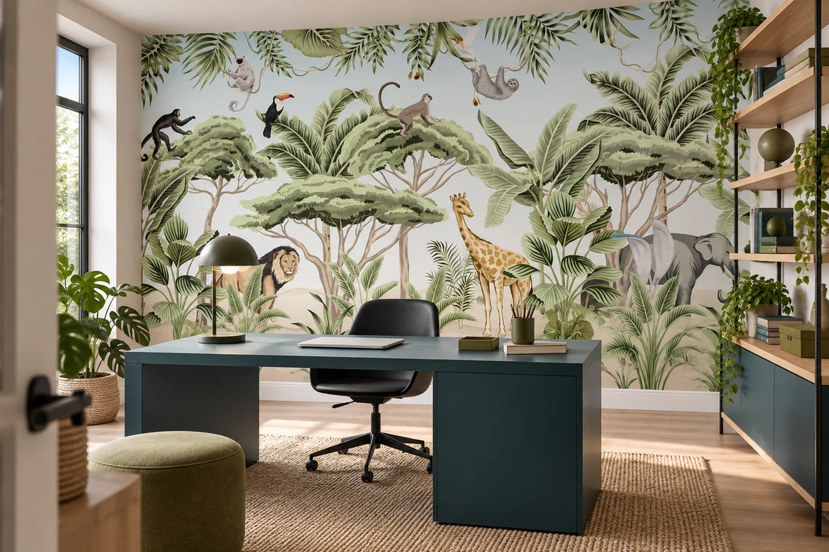 Papier peint panoramique paysage tropical et animaux exotiques - Bureau