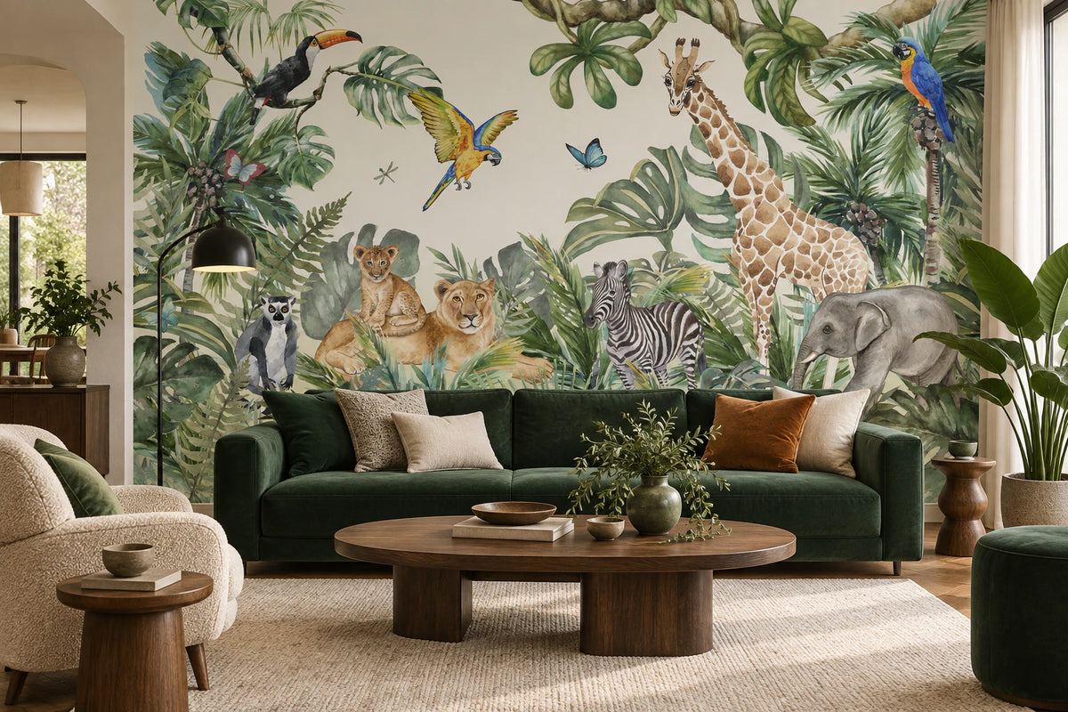 Papier peint panoramique lion perroquet et girafe - Salon, Cuisine