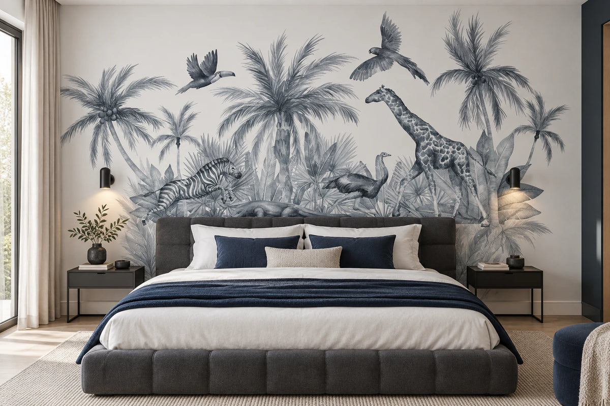 Papier peint panoramique faune sauvage noir et blanc - Tête de Lit