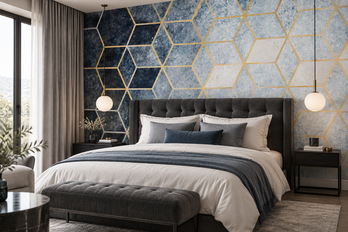 Vue grand angle d’un {room} avec le décor mural abstrait Prisme Boréal