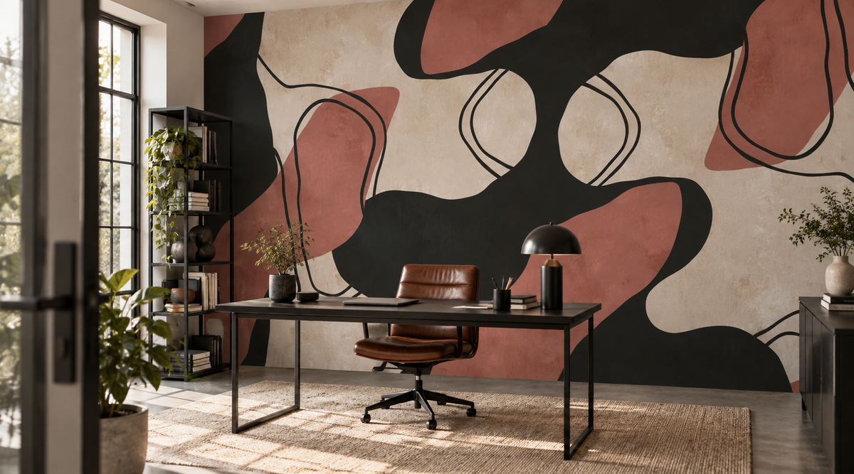 Décor mural graphique Rivages Bruns sur le mur d'un bureau créatif