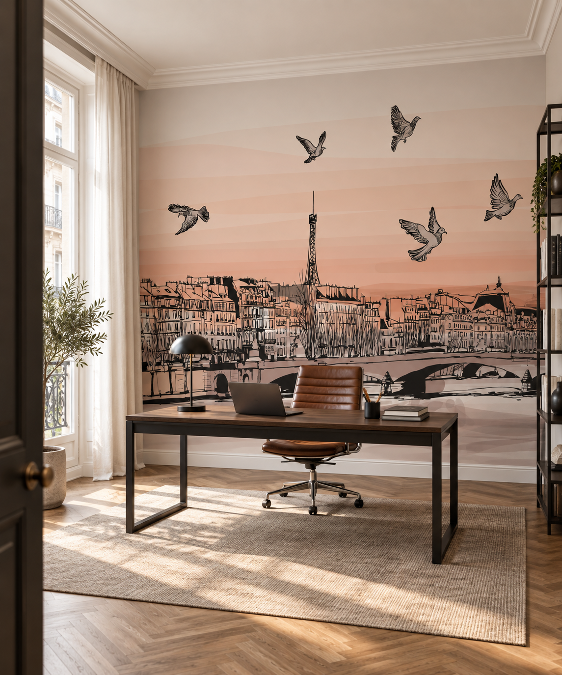 Décor mural illustré de Paris avec tour Eiffel dans un bureau graphique